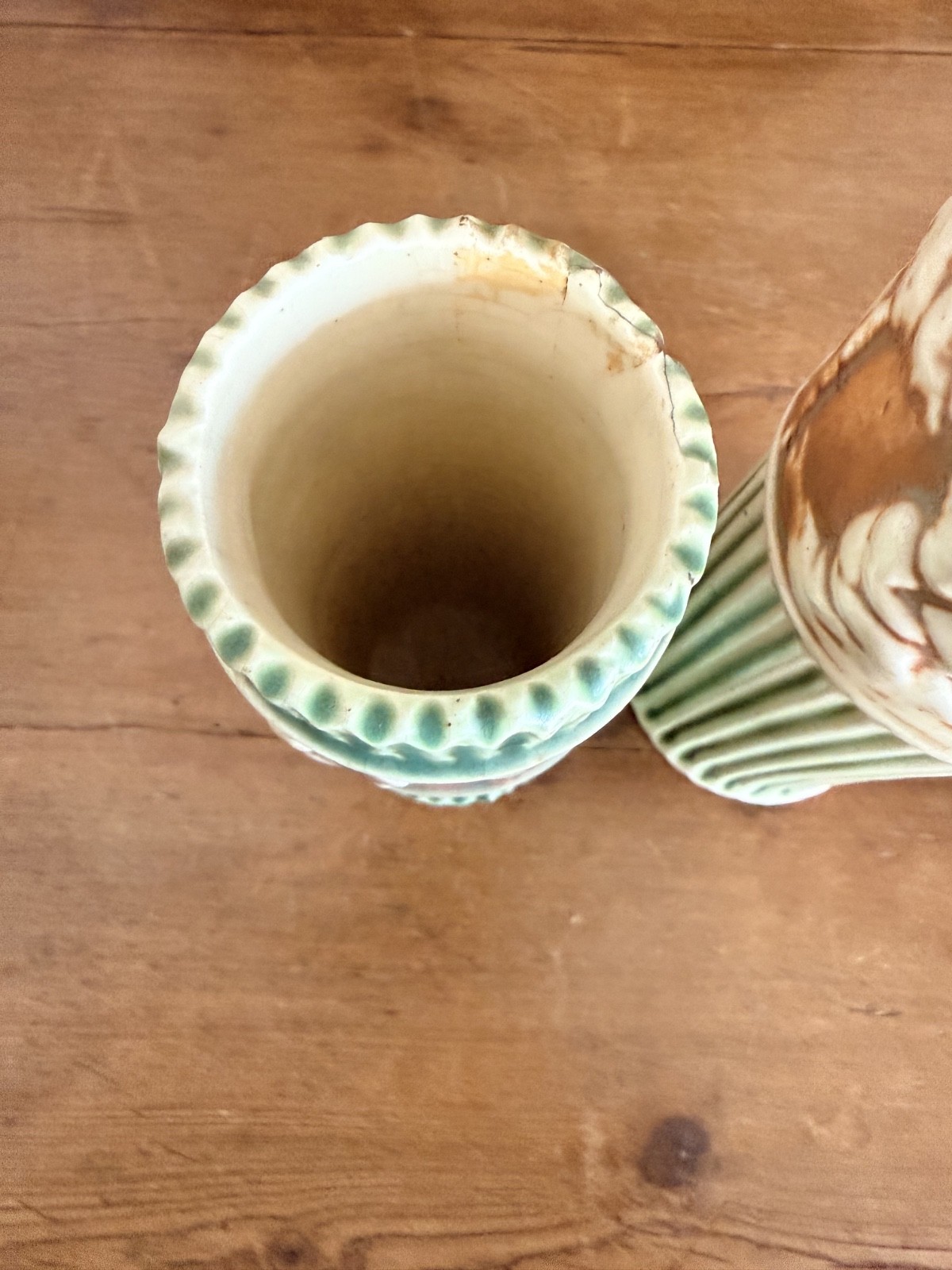 Pair Antique Roseville Donatello Cherub Bud Vases Green Art Pottery 1916