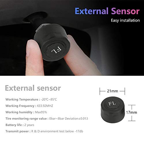 TPMS Tire Pressure Monitoring with 4 External Sensors, Voltage Monitor