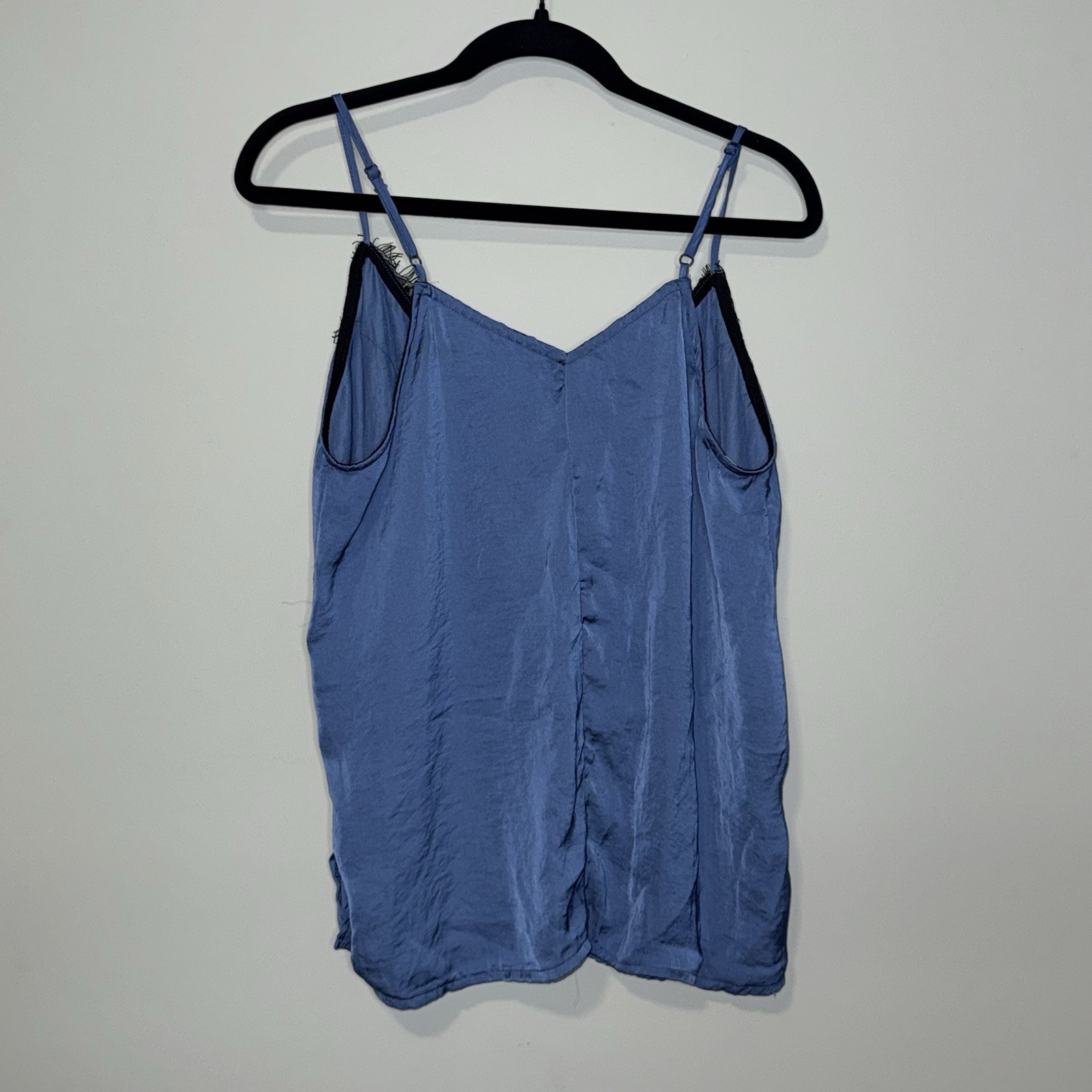 Vintage Blue Satin Camisole with Black Lace Trim