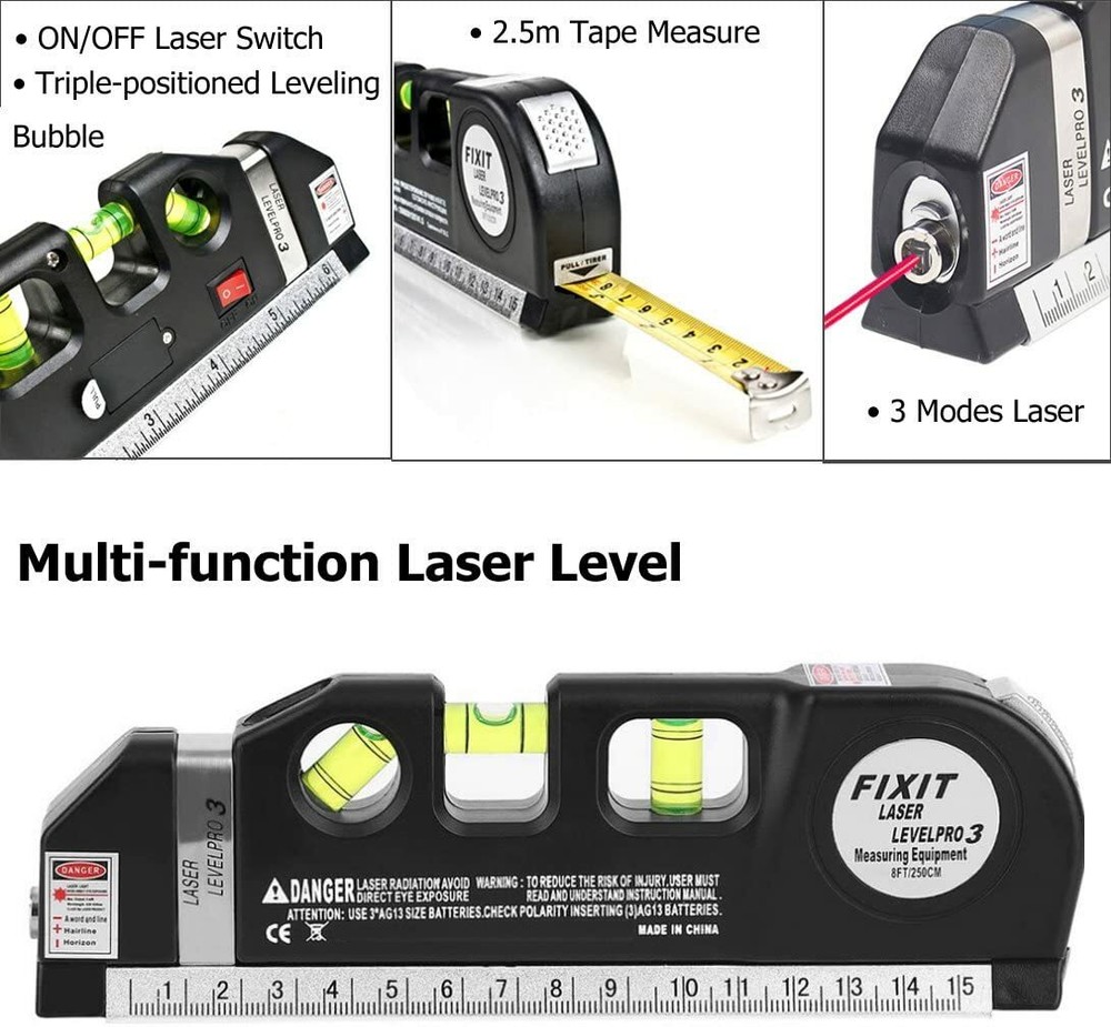 Laser Level 8' Measuring Tape Level Horizontal Vertical Laser Light Beam