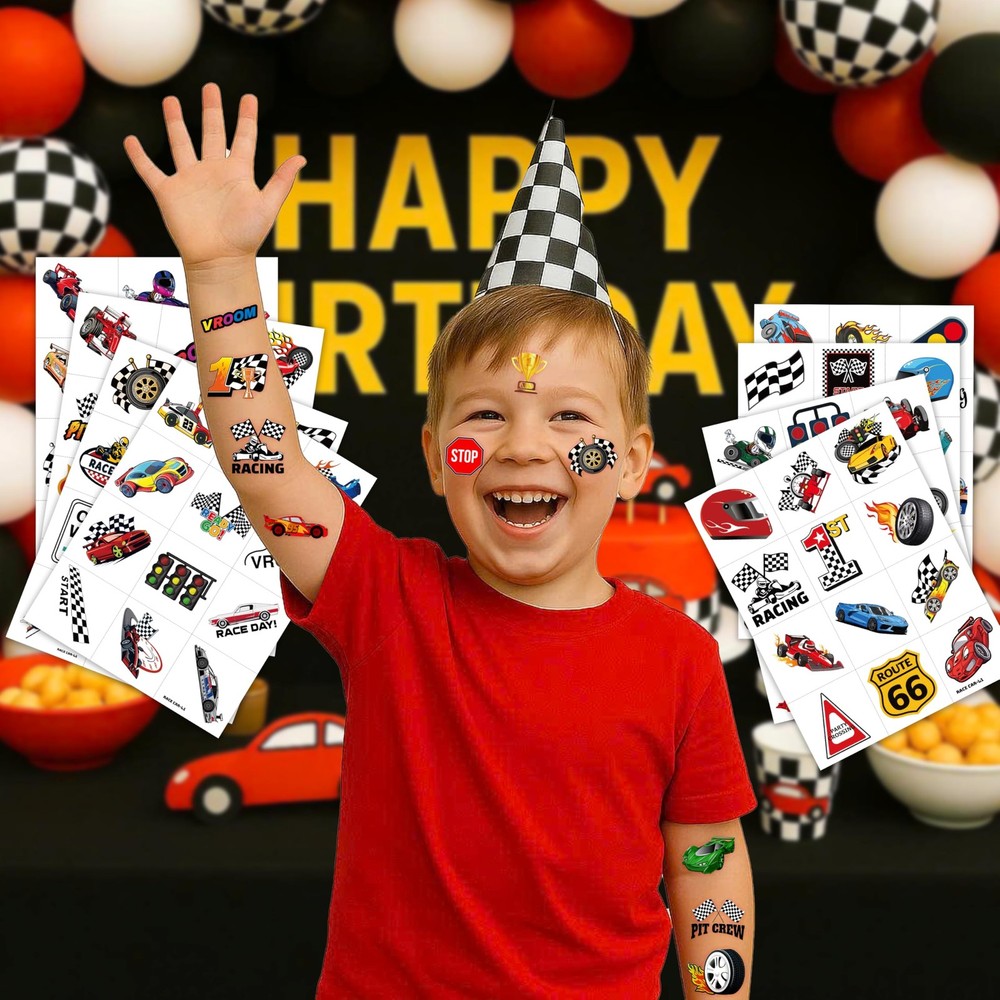 96 PCS Race Car Pre-Cut Temporary Tattoos Sticker Racing Pit Medium, Normal