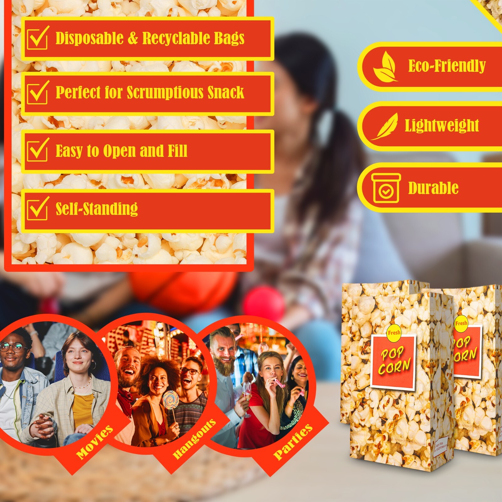 MT Products Paper Popcorn Bags for Party - 85 oz Popcorn Holders - Pack of 50