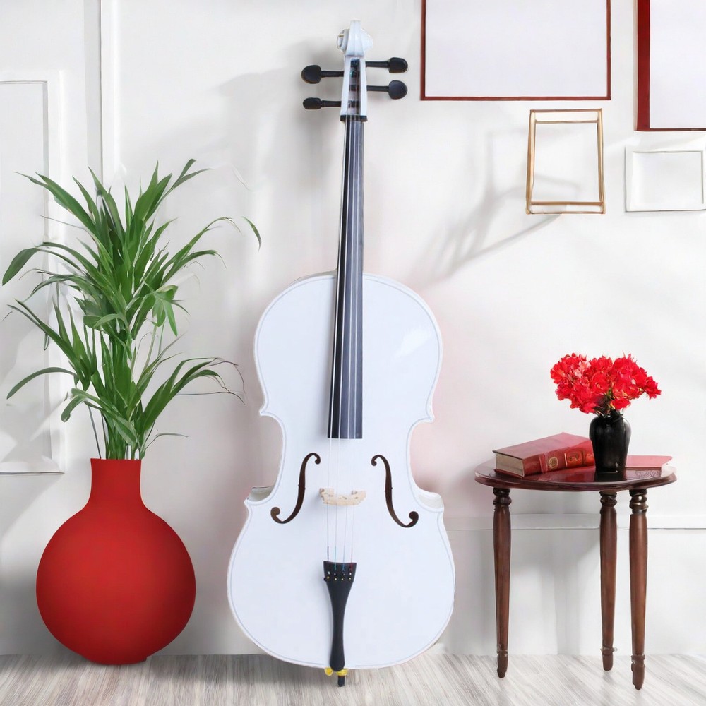 4/4 Full Size White Acoustic Cello Set, Top Grade Beginner Cello & Violoncello
