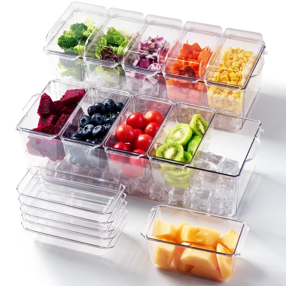 2 Pack Chilled Condiment Tray Server with 5 Containers and Removable Compartm...