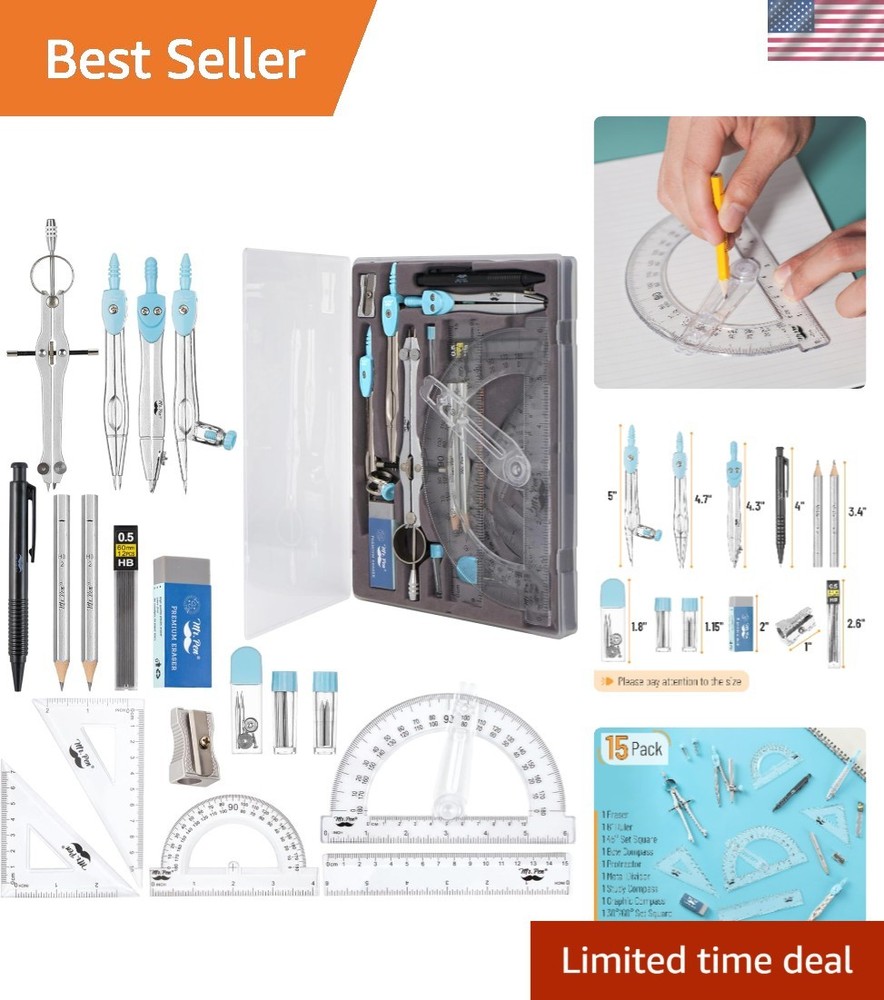 Light Blue 15-Piece Geometry Tools Set with Storage Case for Easy Organization