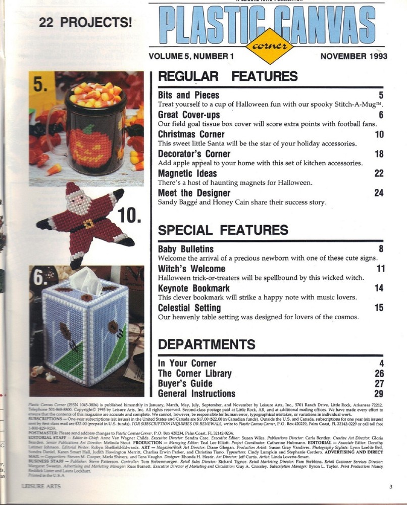 Plastic Canvas Corner Magazine 22 Patterns Projects November 1993 Christmas