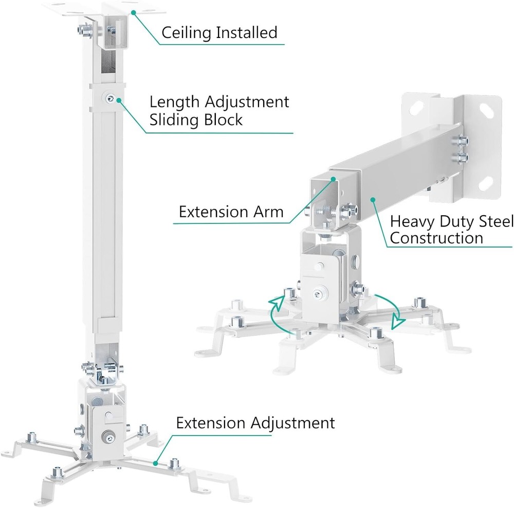 WALI Projector Mount Ceiling/Wall Universal 3-in-1 Bracket Extension Pole White