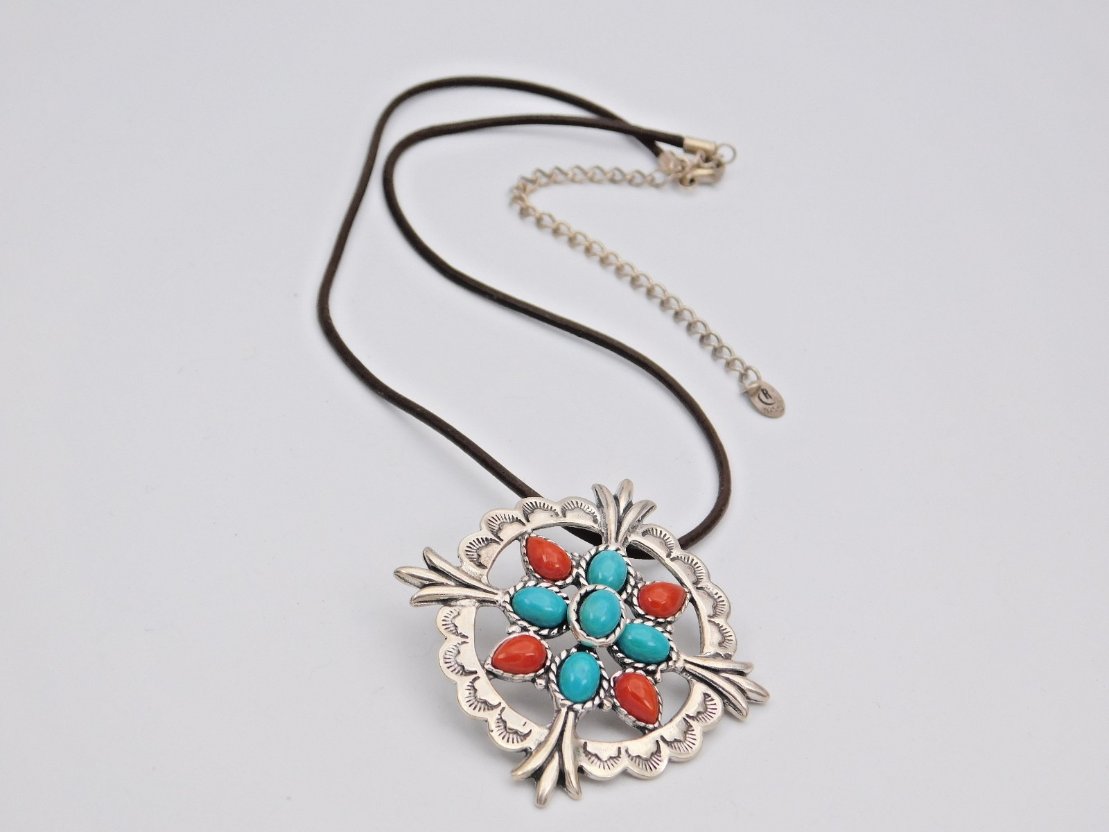 Beautiful Carolyn Pollack Sterling Leather Necklace + Multi-Stone Pendant