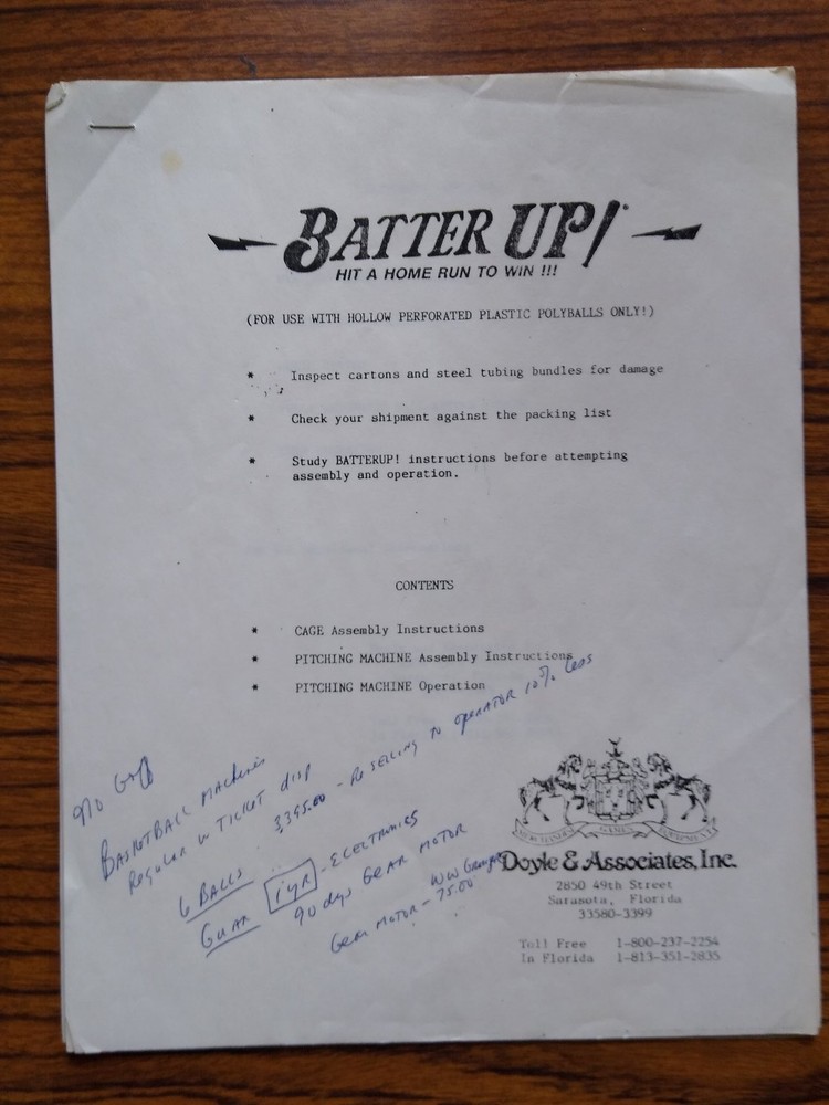 BATTER UP! Arcade Pitching Machine Cage Assembly & Operation Manual Doyle