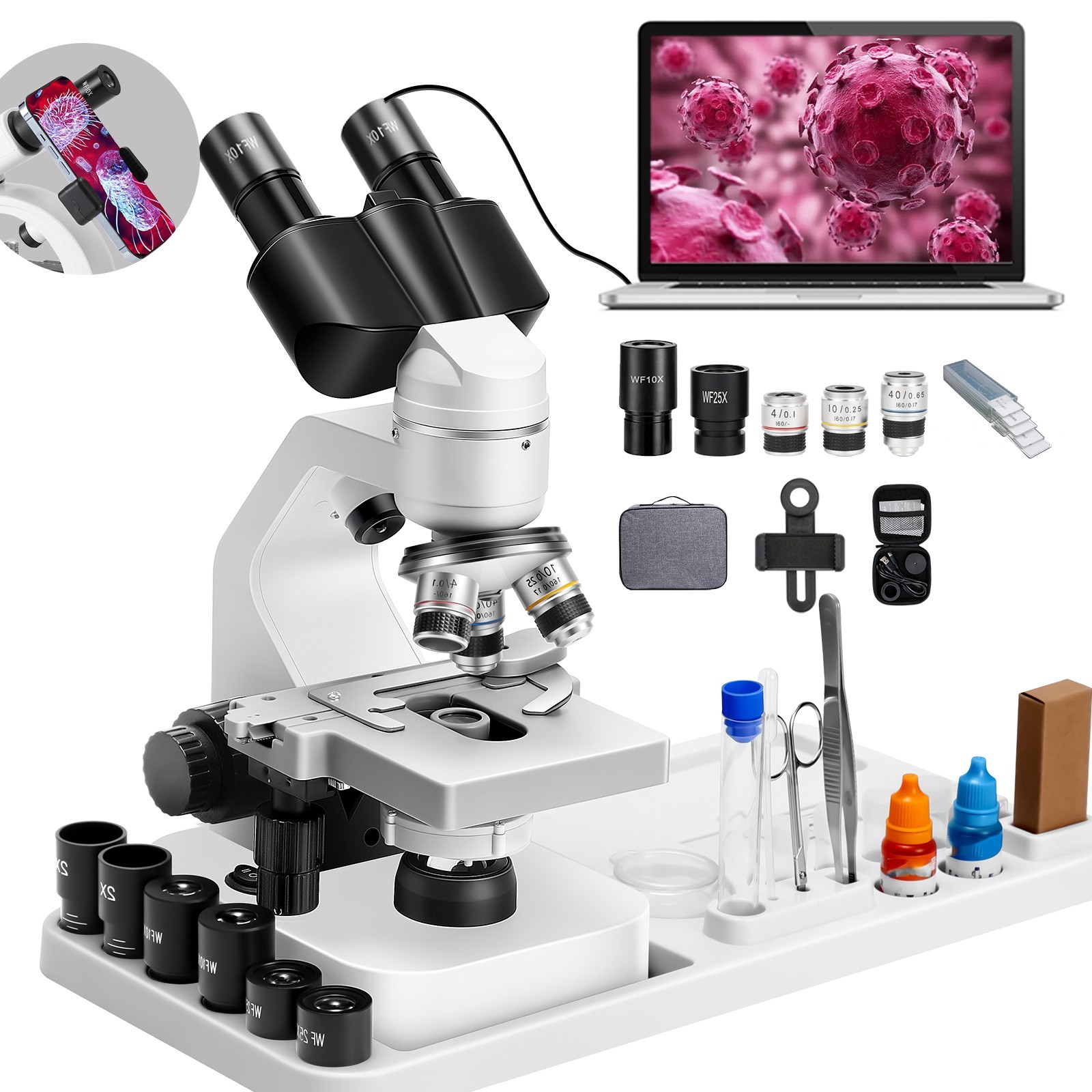 2000X zoom binocular optical microscope with electronic eyepiece, laboratory bin