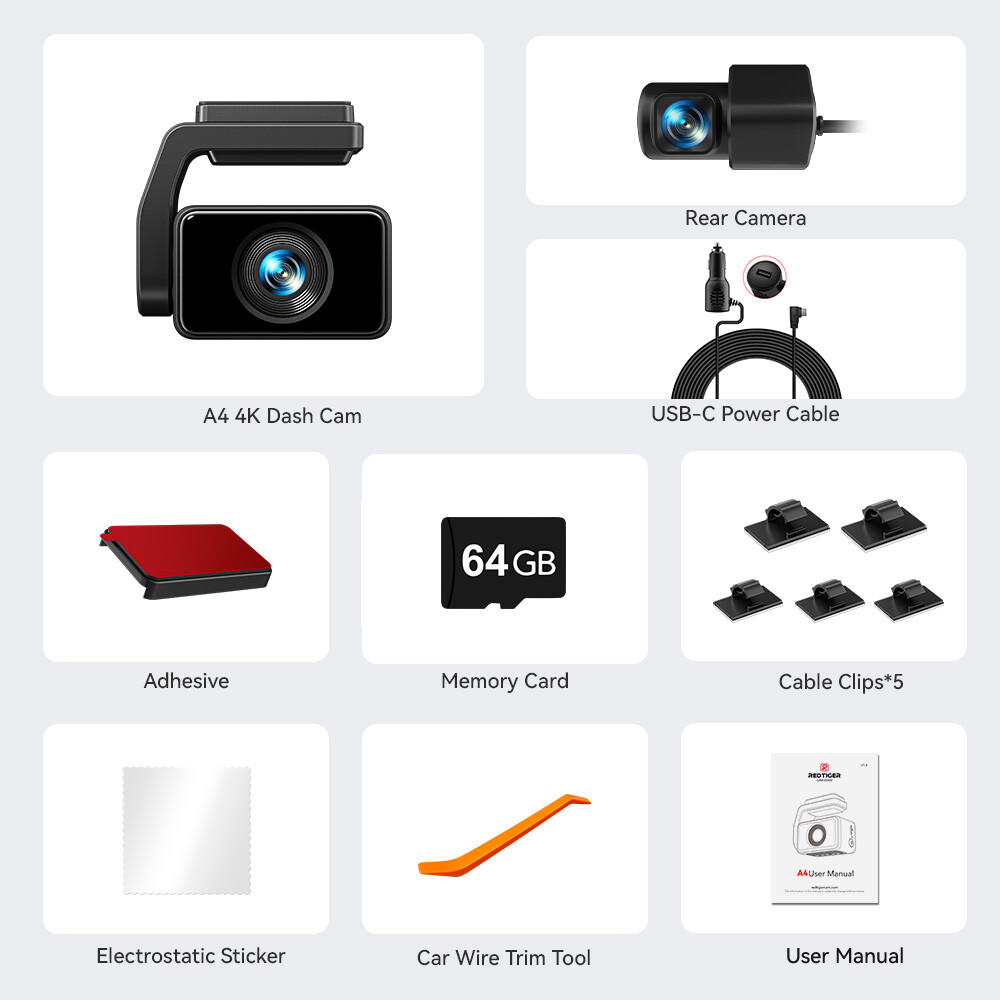 REDTIGER A4 Dash Cam Front and Rear 4K Dash Camera, 5.8GHz WiFi, 2" Touch Screen