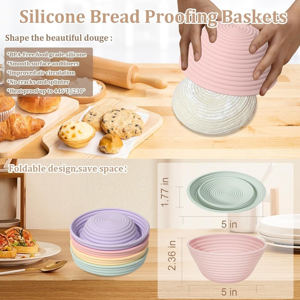4Pcs Mini Silicone Bread Proofing Baskets 5" Sourdough Banneton Proofing Bas