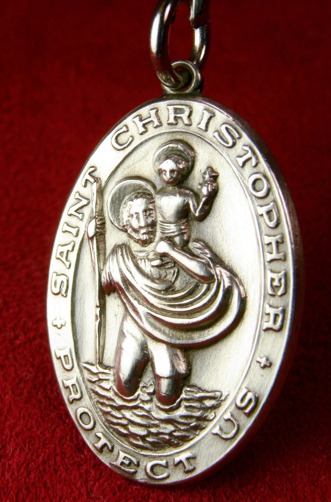 WWII CHAPLAINS 9 GR Sterling GI Battle Worn Dog tag Chain St Christopher Medal