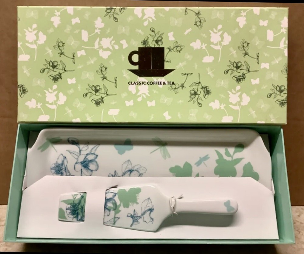 Ceramic Tray with Server Florals and Dragonflies New in Box