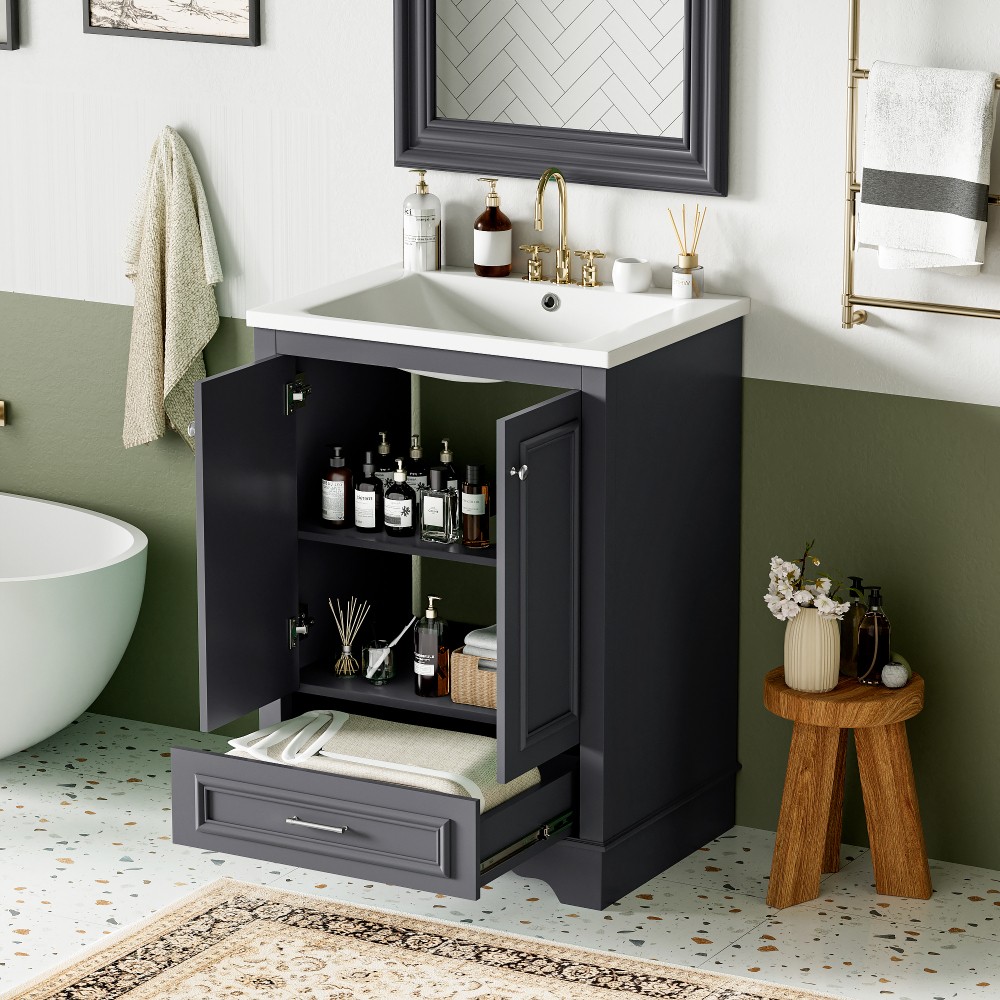Bathroom Vanity W Ceramic Sink Combo Silver Handles