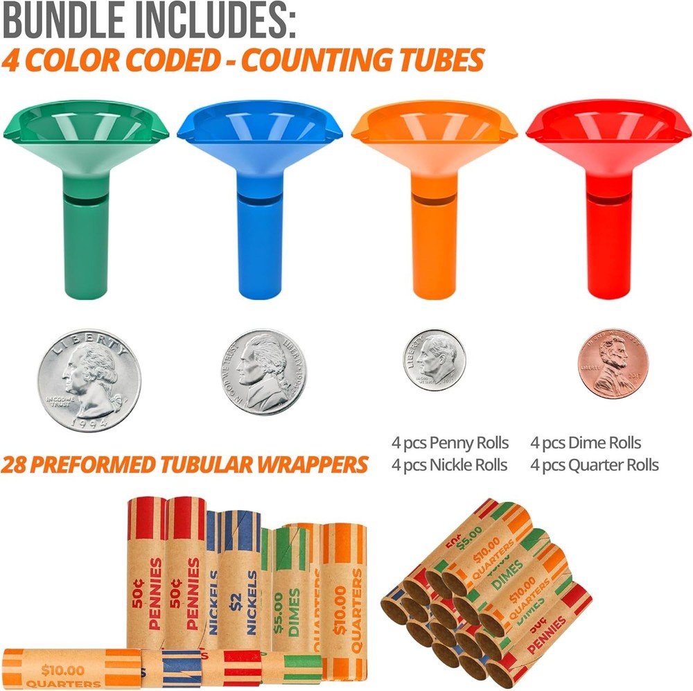 Complete Coin Sorting and Wrapping System - 4 Tubes with 28 Color-Coded Wrappers