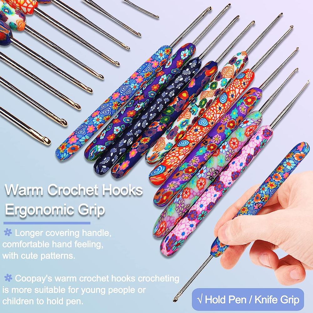Warm Crochet Hook Set, 9 PCS, 0.5-2.5Mm, Extra Long, Ergonomic