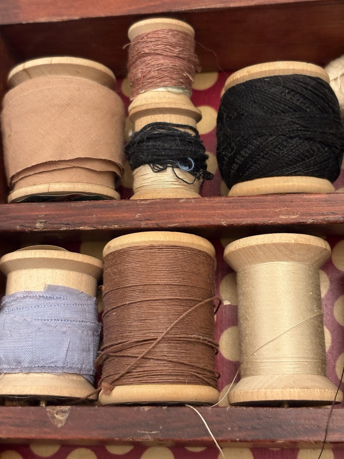 Vintage Case Full Of Wooden Spools Of Thread