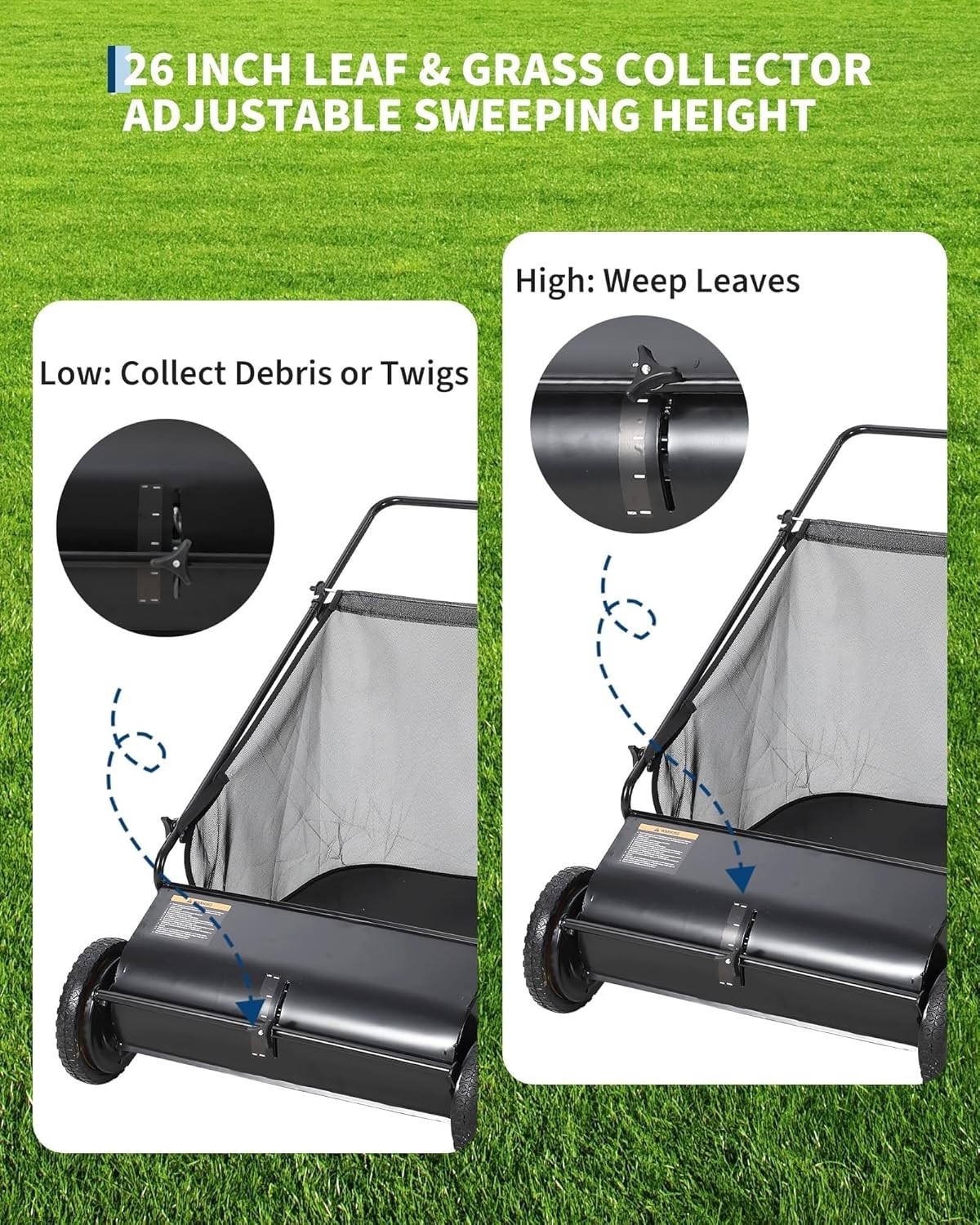 GRAVEE 26 Inch Push Lawn Sweeper 7 Cu Ft 4 Spinning Brush Adjustable Height