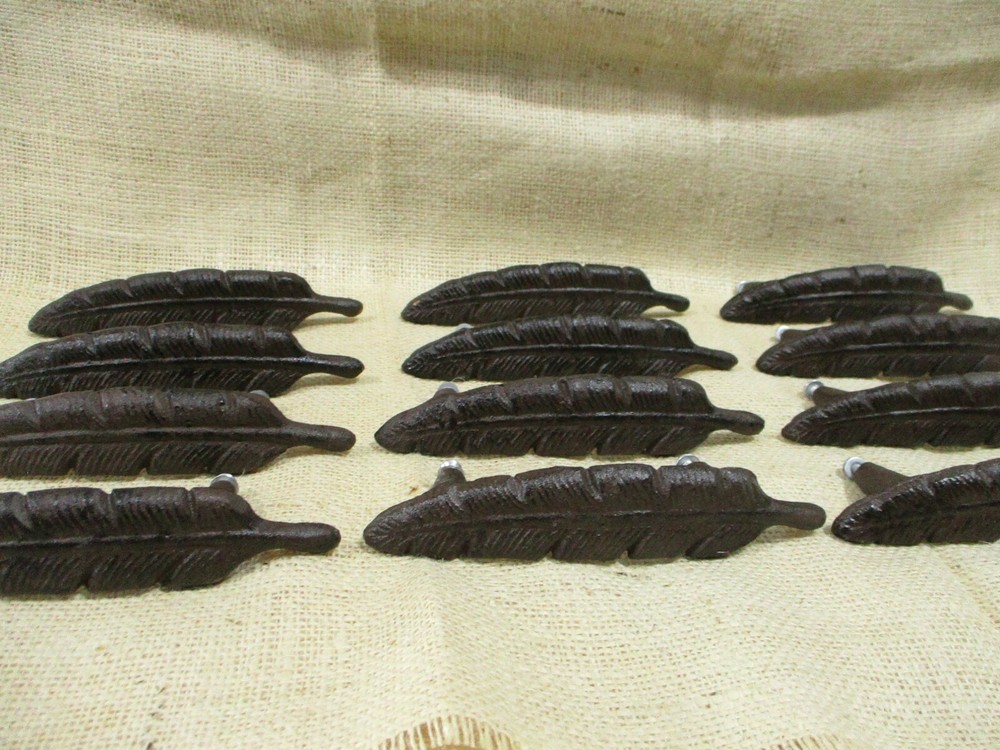 12 Drawer Pulls W/ Screws Handles Knobs Rustic Feather Cast Iron Dresser Kitchen