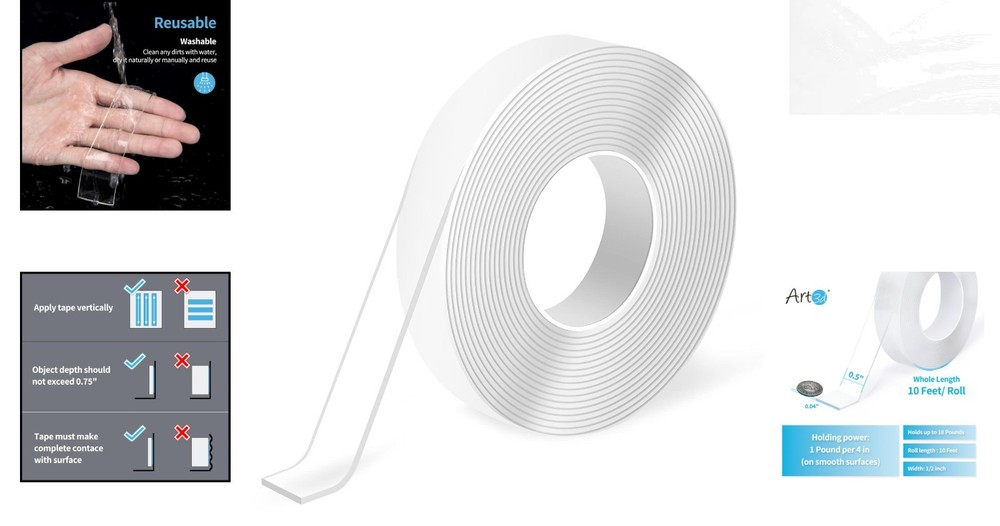 Versatile Double-Sided Tape 10FT - Removable, Eco-Friendly, and Multi-Surface