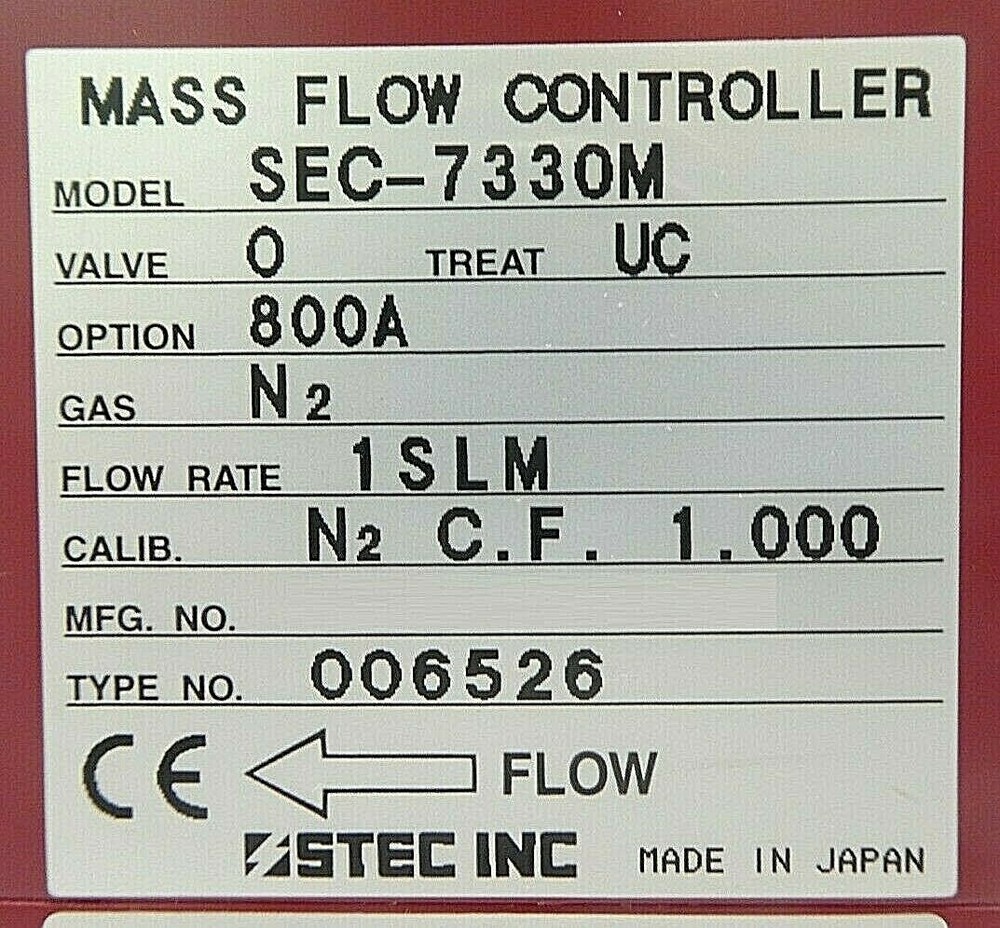 STEC SEC-7330M Mass Flow Controller MFC SEC-7330 1 SLM N2 Working Surplus
