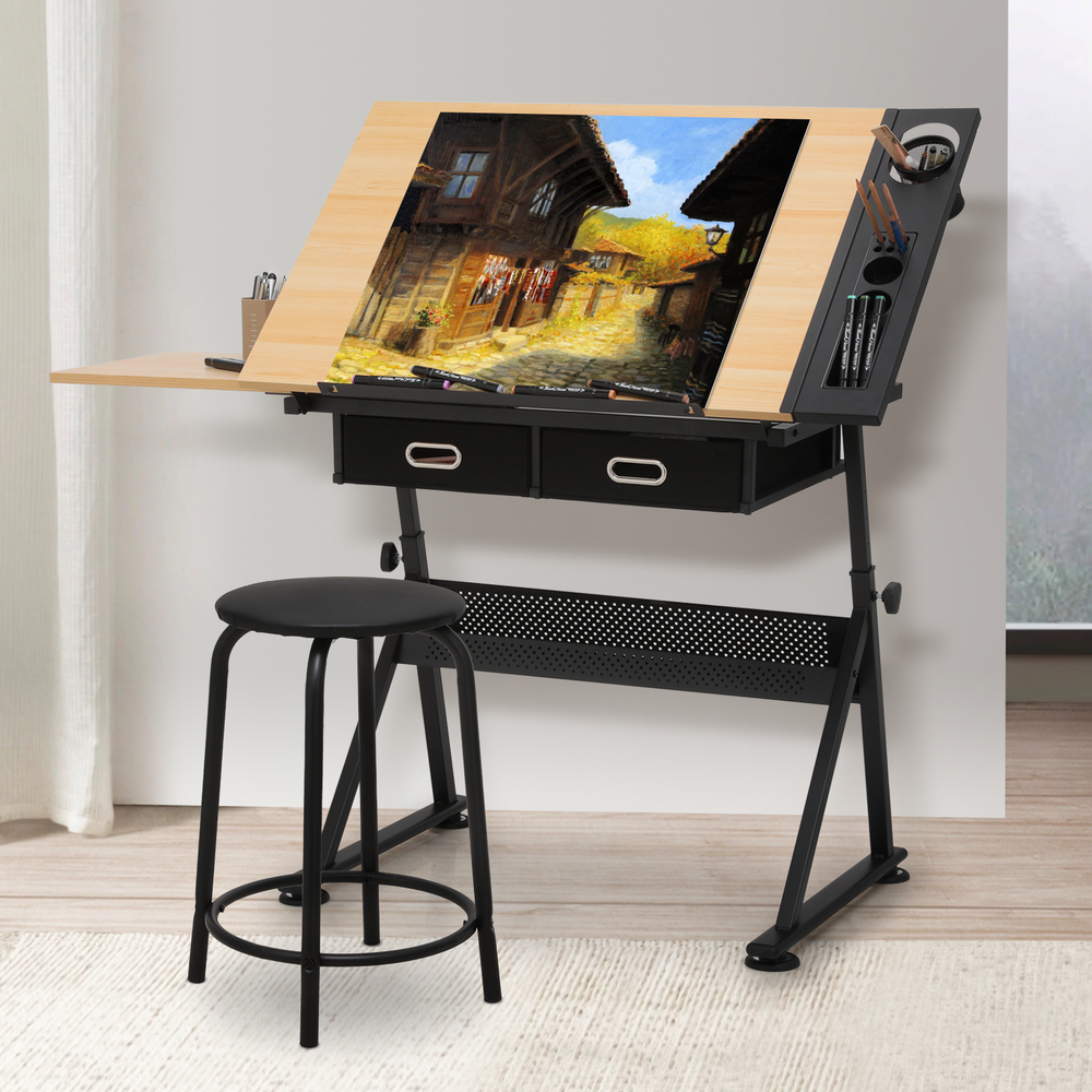 61"Drafting Drawing Table[STOOL+DRAWER]Adjustable Tabletop Painting Work Station