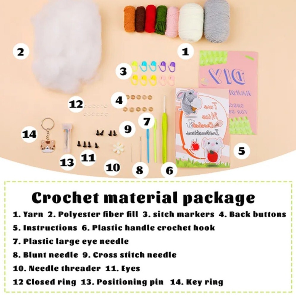 2‑Pack Beginners Crochet Kit w Hooks & Threaders–Cute Mouse DIY Yarn Starter Set