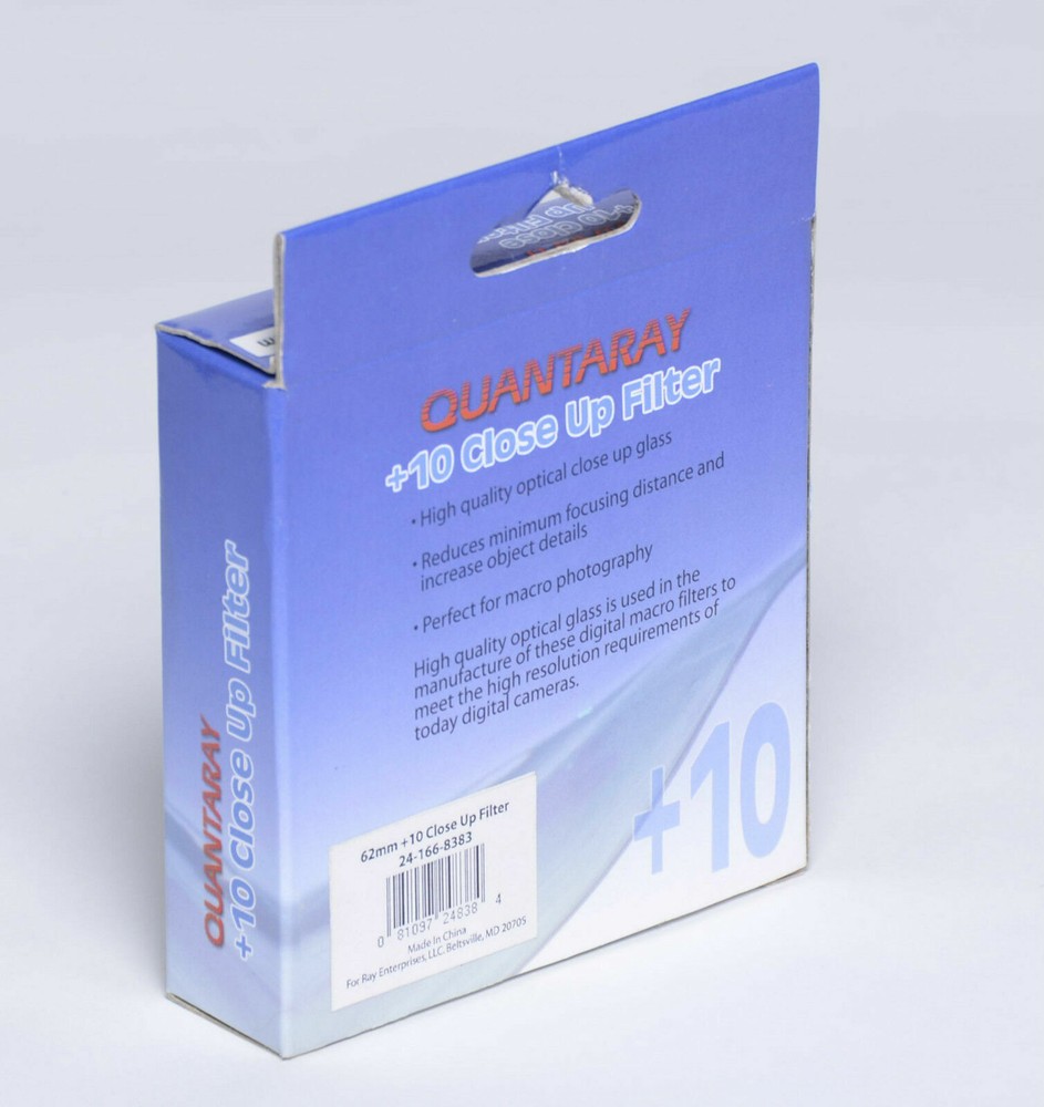 Quantaray 62mm +10 Close up Filter. Enables close-ups without a macro lens.