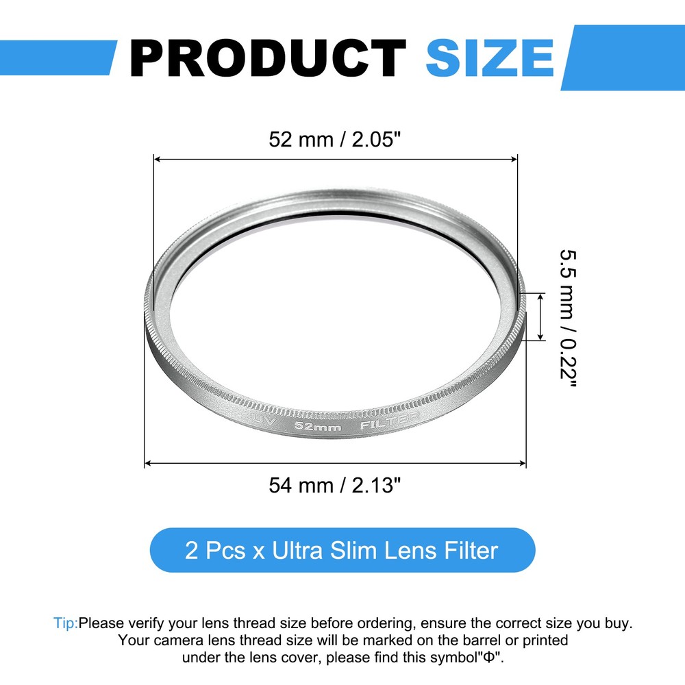 2Pcs 52mm Ultra Slim Lens Filter Multi Coating Camera Len Filter, Silver