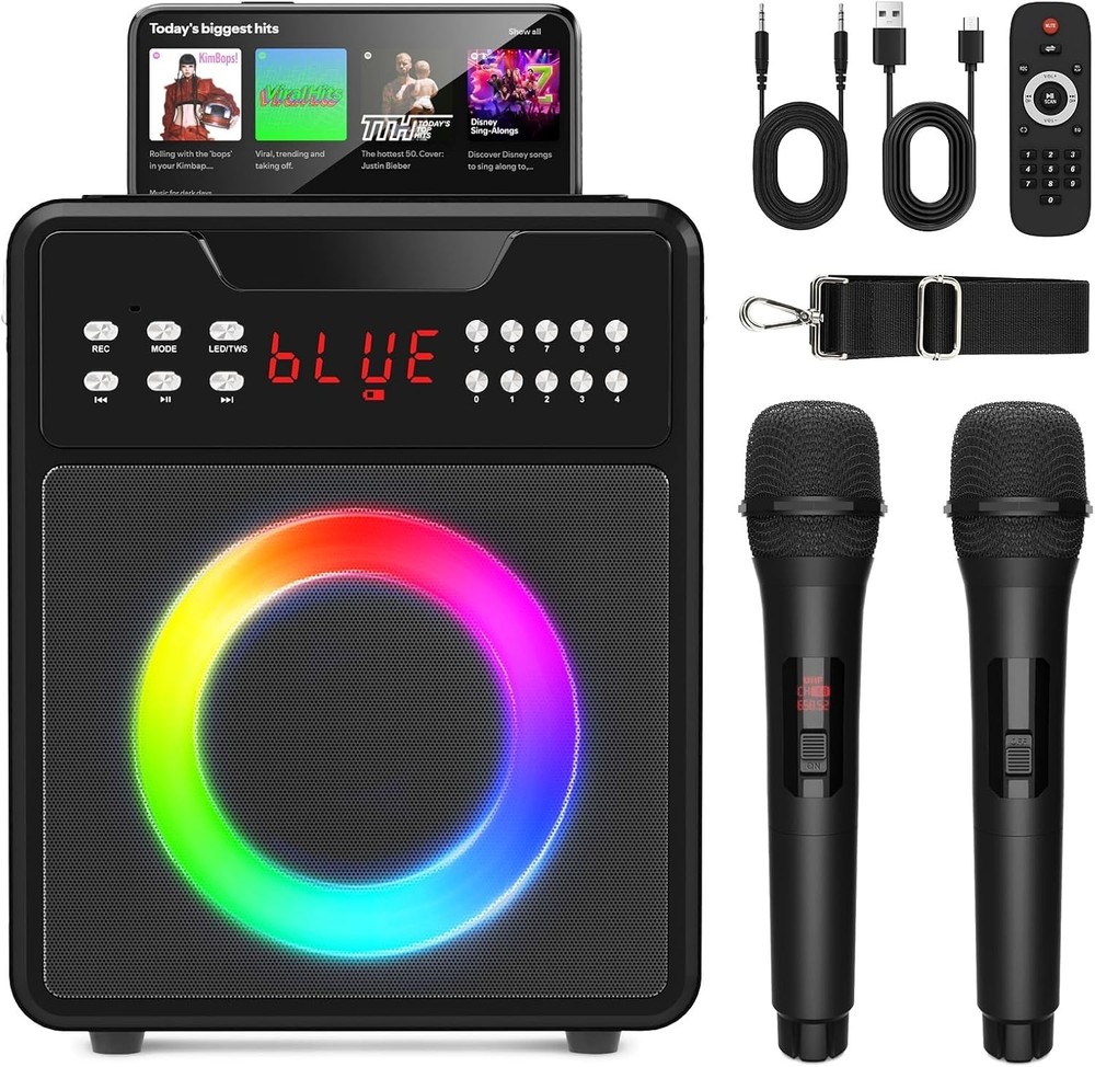 Karaoke Machine with 2 Wireless Microphones,Portable Bluetooth 5.1 Speaker Light