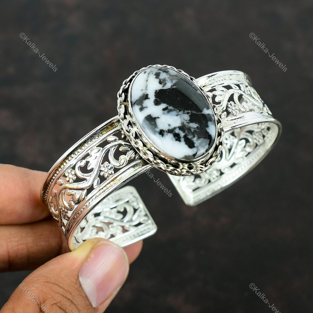 Gift For Her Natural White Buffalo Turquoise Bangle Adjustable 925 Silver