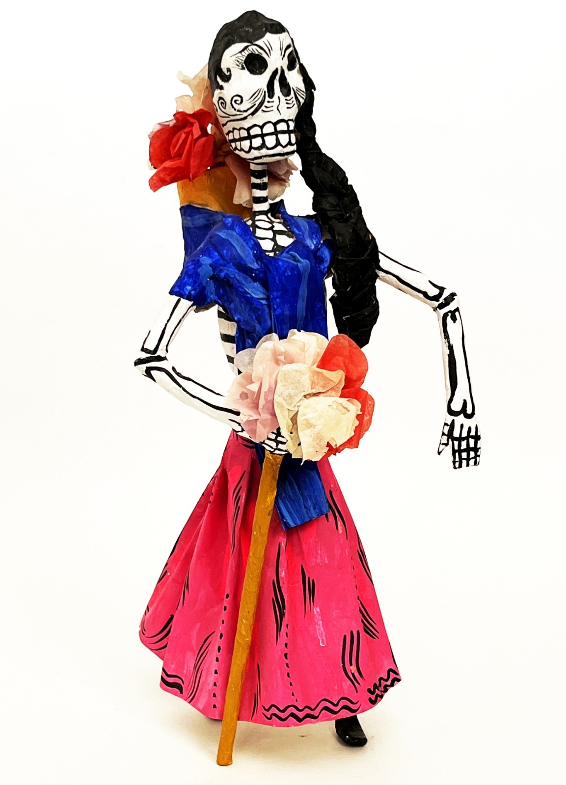 2 1970s SIGNED LINARES MEXICAN CARTONERIA PAPER MACHE SKELETON CATRINA SCULPTURE
