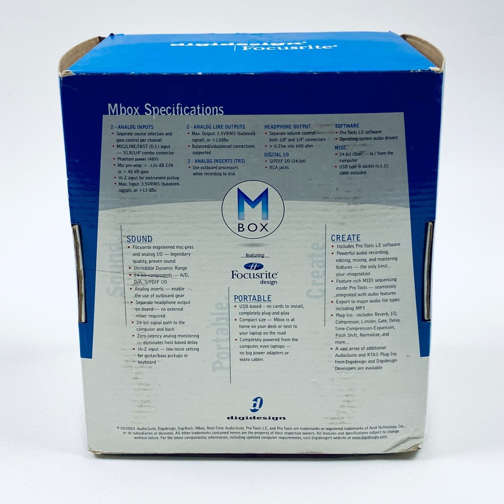 Digidesign M BOX Pro Tools Audio Interface w/ Box Original Software UNTESTED