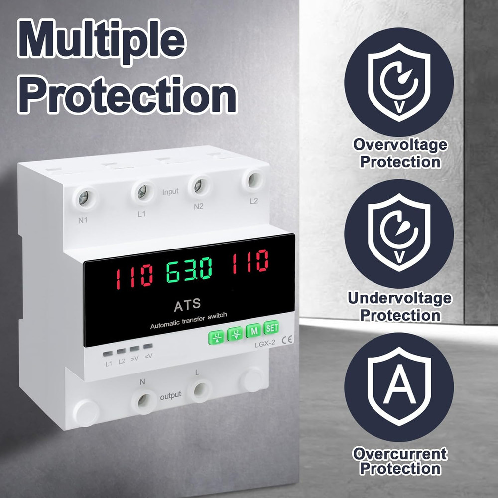 63A 110V Automatic/Manual Transfer Switch, Dual Power Selector with LED Display,