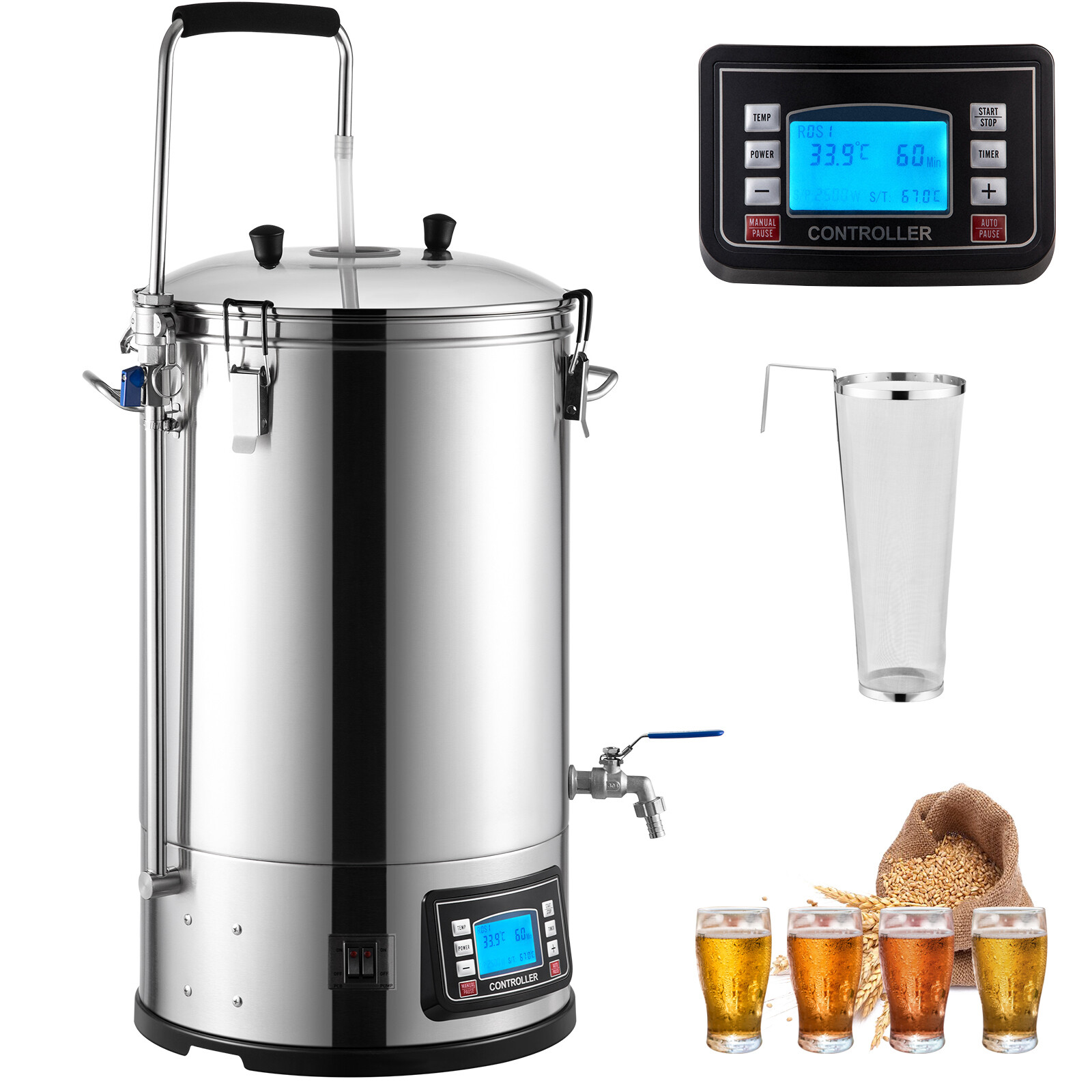 Home Beer Brewing Machine Grain Kettle Brewing System w/ Circulating Pump 8 Gal