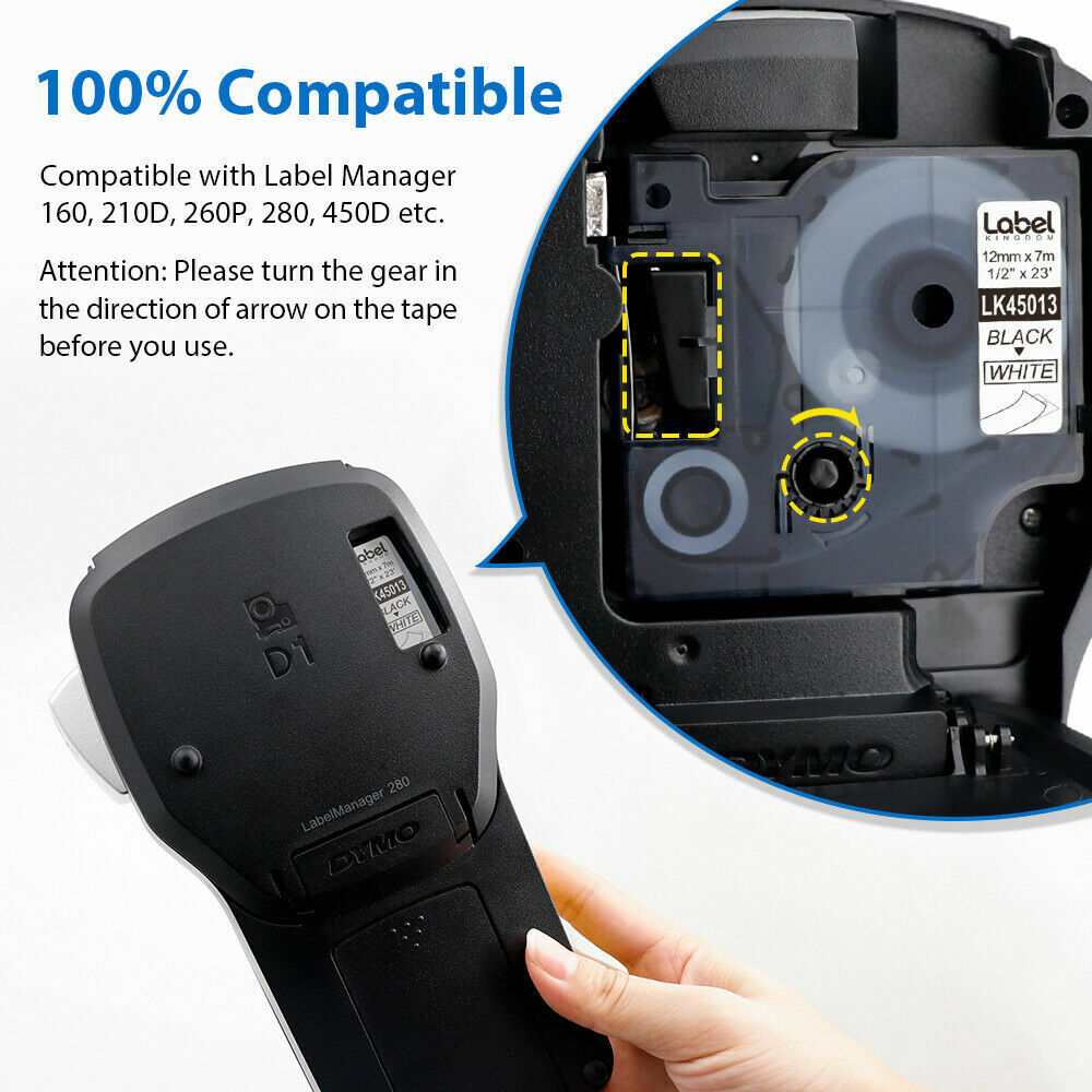 5X45013 S0720530 Label Tape Compatible for Dymo LabelManager 12mm Black on White