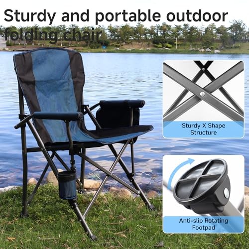 Folding Camping Chair with Cup Holder and Storage Bag, Heavy Basic Version Blue
