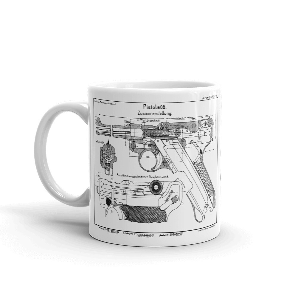 German P08 Luger Pistol Coffee Tea Mug - WW1 Patent Print Ceramic Military Mug