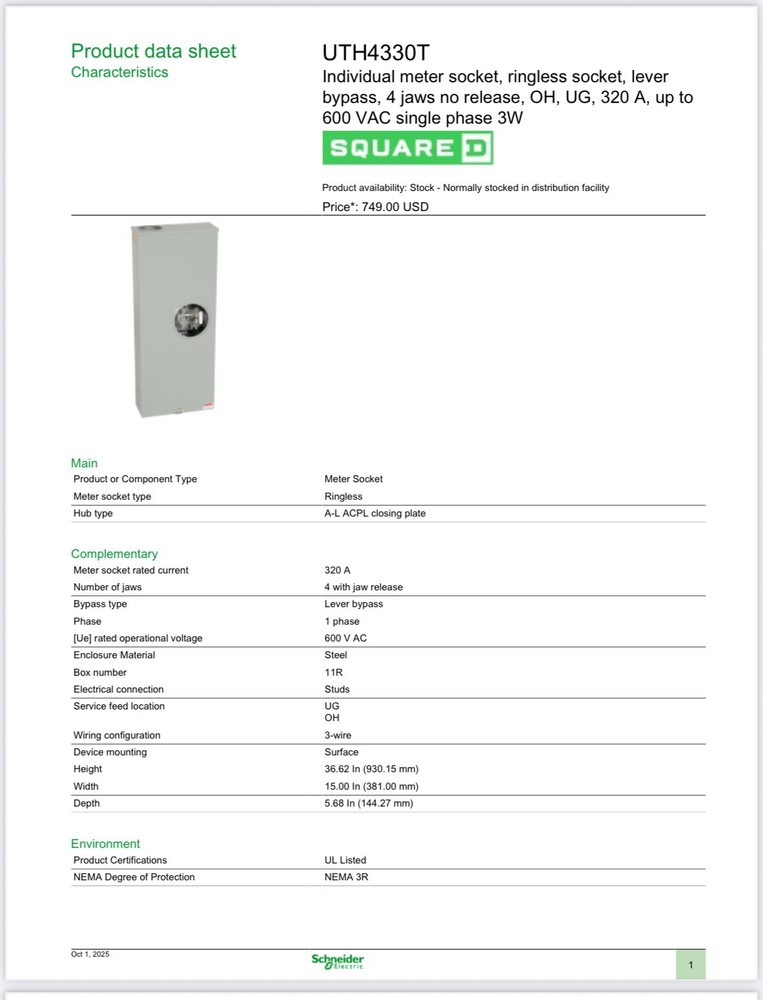 Square D UTH4330T 320A Ringless Meter Socket Single Phase 600V