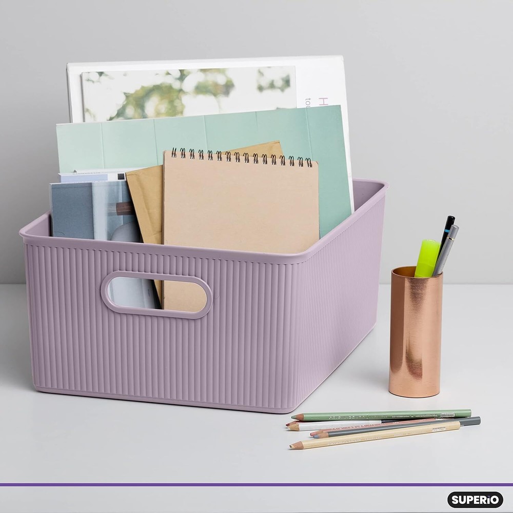 Superio 15L Medium Ribbed Storage Bin- Plastic Storage Bin (8 Pack, Lilac)