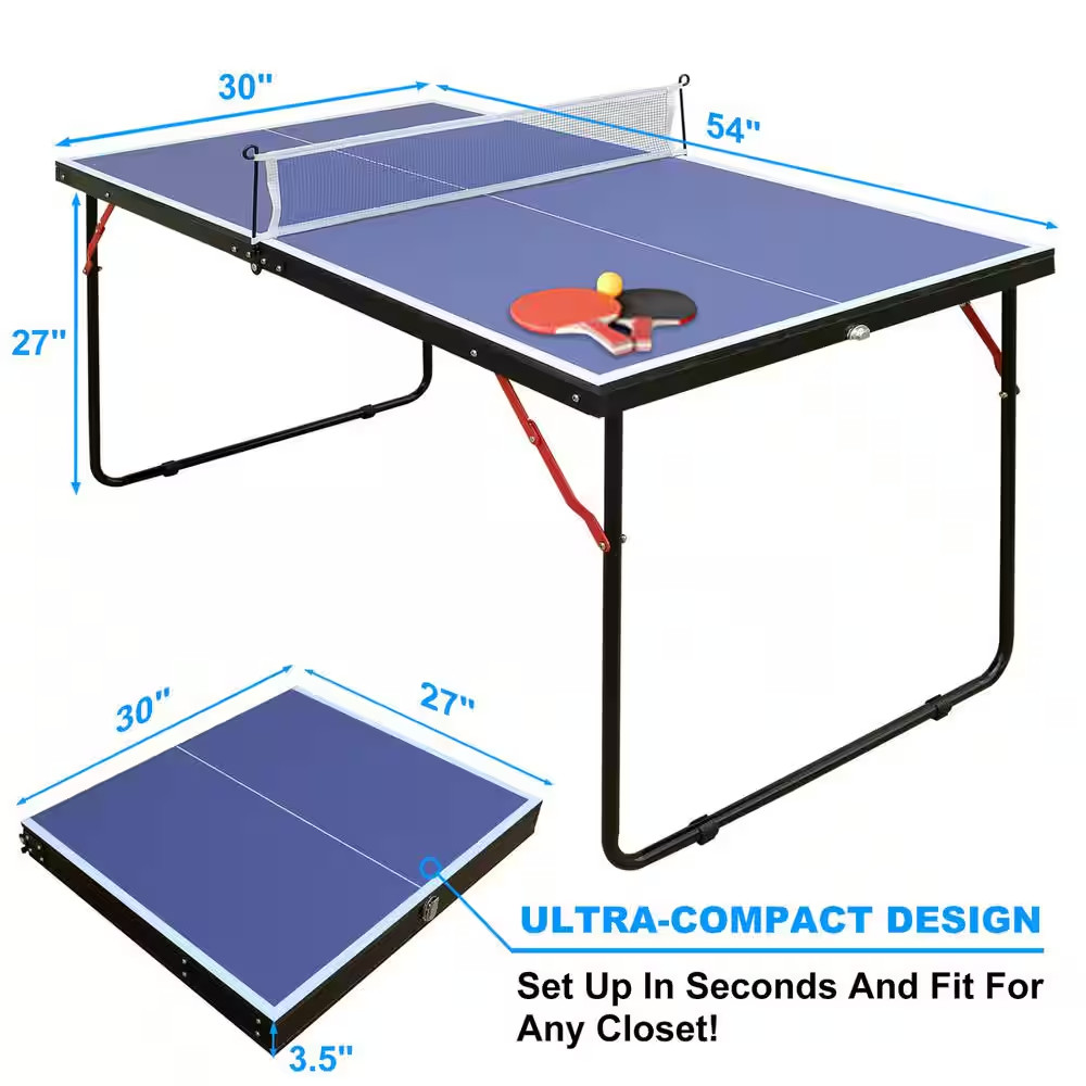 53.94 In. Table Tennis Table Midsize Foldable & Portable Ping Pong Table Set wit