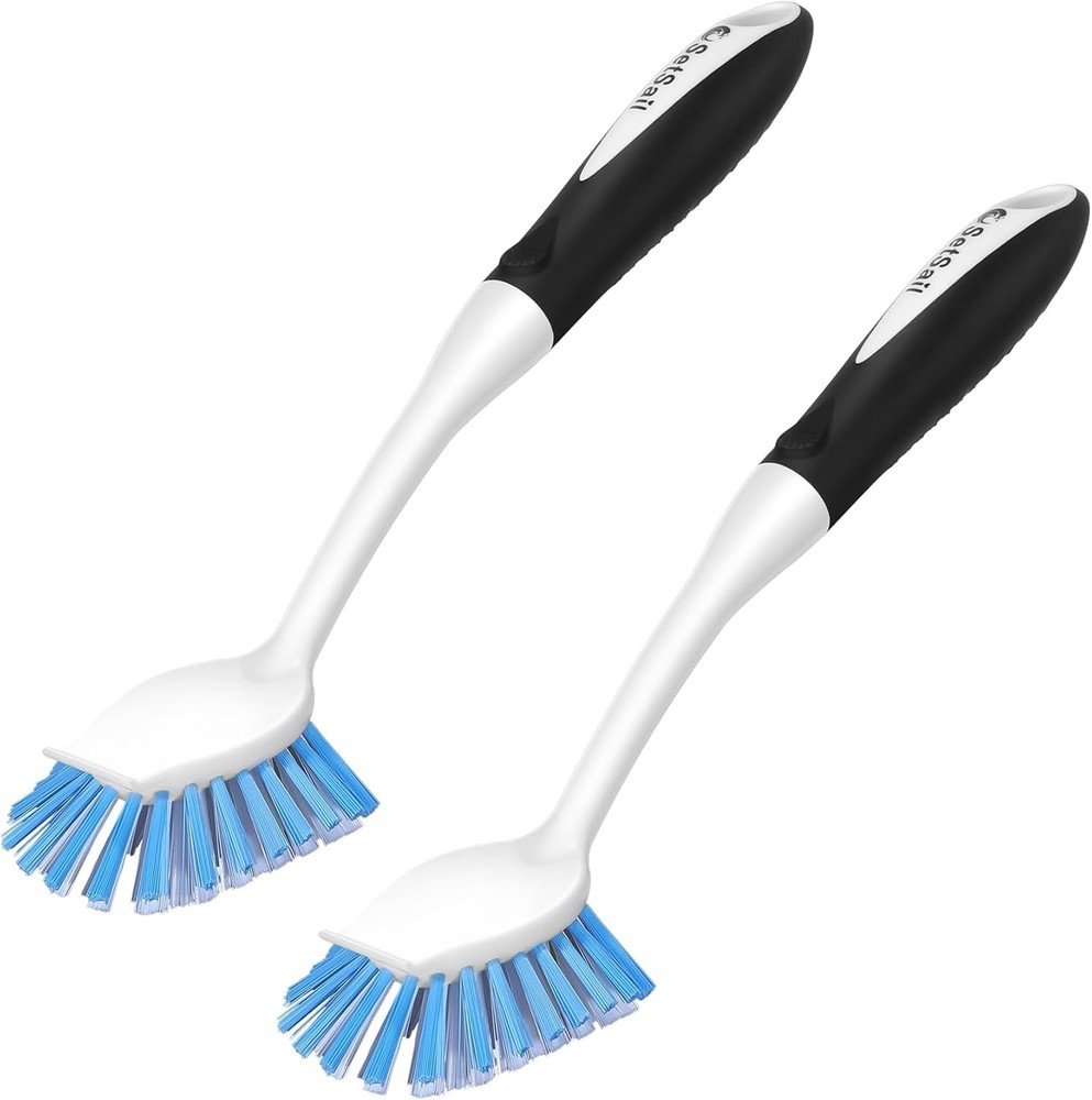 Stiff Bristle Dish Brush Set with Handle - 2 Pack Kitchen Scrubber