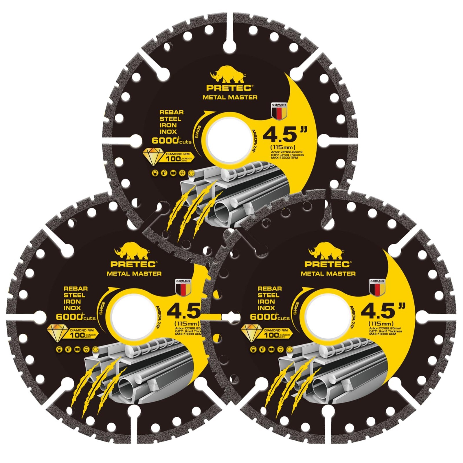 Diamond Cutting Wheel 4 1/2 Inch Metal Cut-Off with 6000+ Cuts on Rebar - 3 Pack