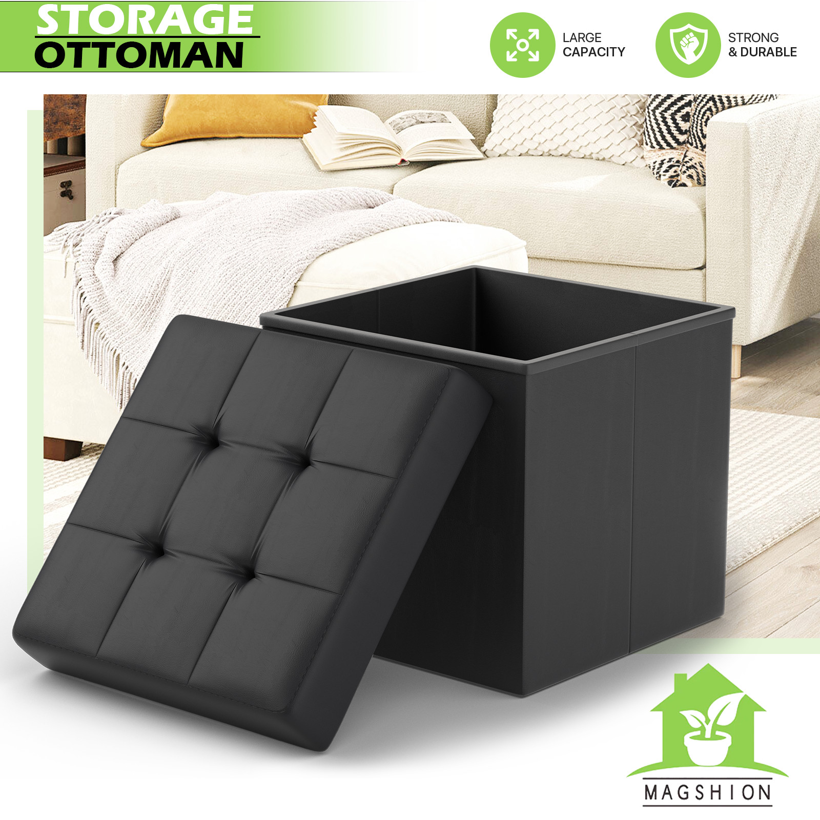 Black Faux Leather Storage Ottoman Classic Cube Seat Home Entryway Décor Benches