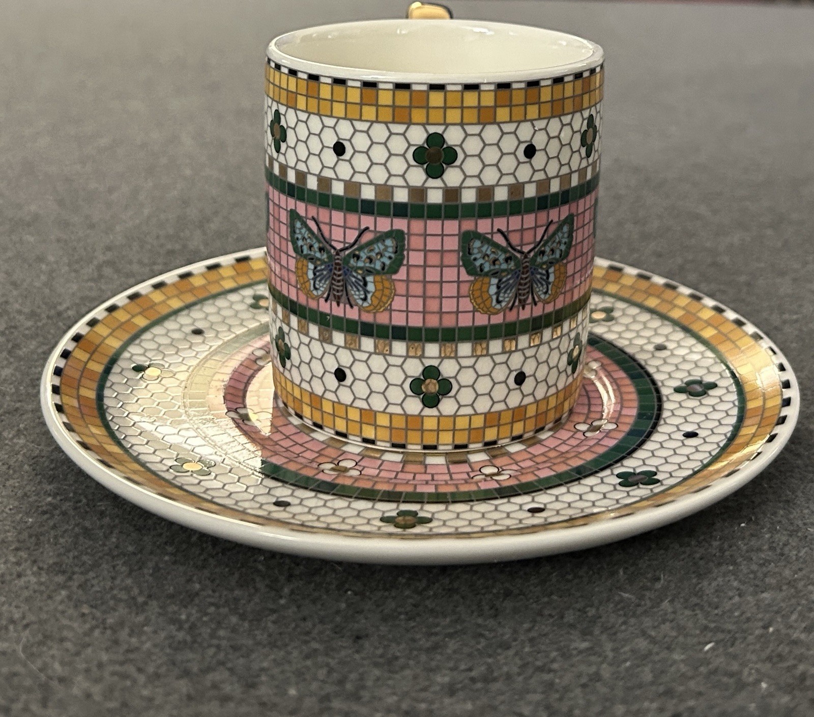 Anthropologie Bistro Tile Espresso Cup Saucer Set Pink Butterfly 24K Gold NEW