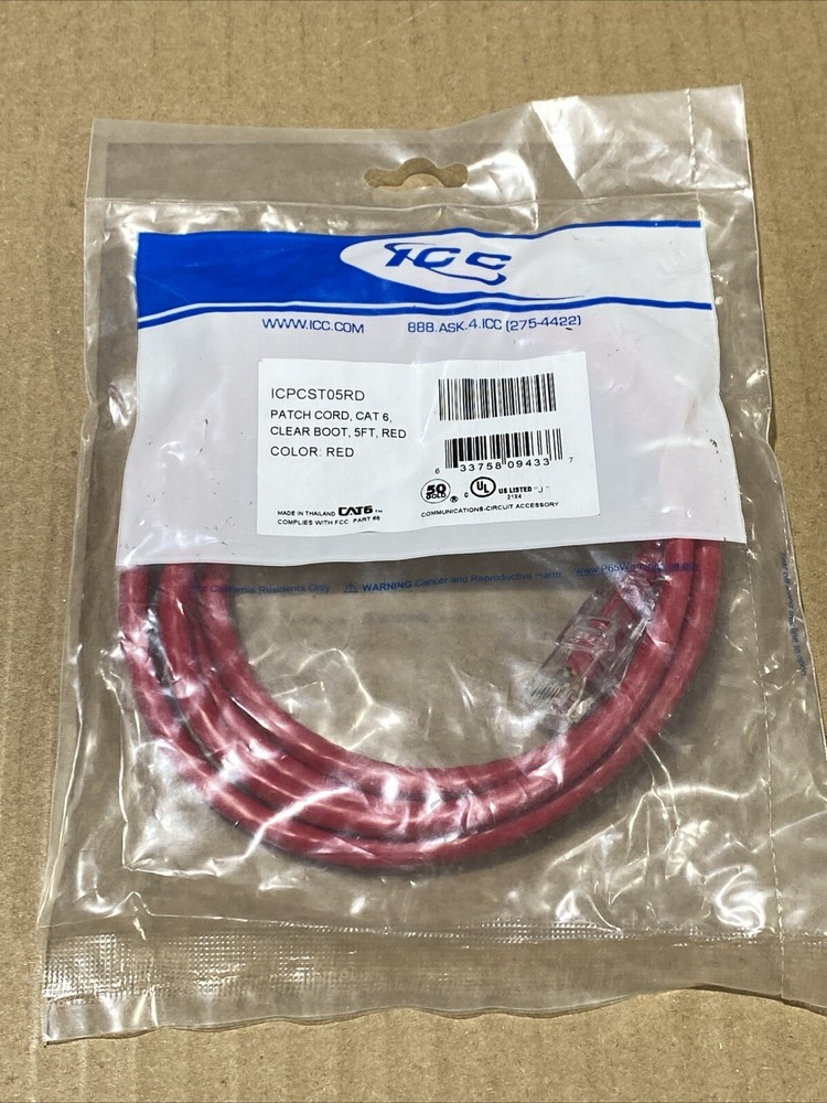 ICC ICPCST05RD CAT6 Clear Boot Patch Cord - 5Ft  Red New