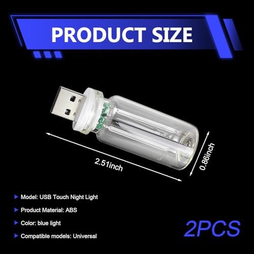 2PCS Car USB Lights, Touch Dimmable Car Interior Ambient Lights, 2 PCS Blue
