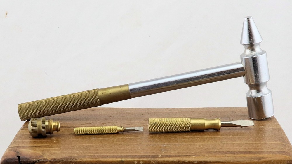 VINTAGE HAMMER WITH 2 BRASS NESTING SCREW DRIVERS