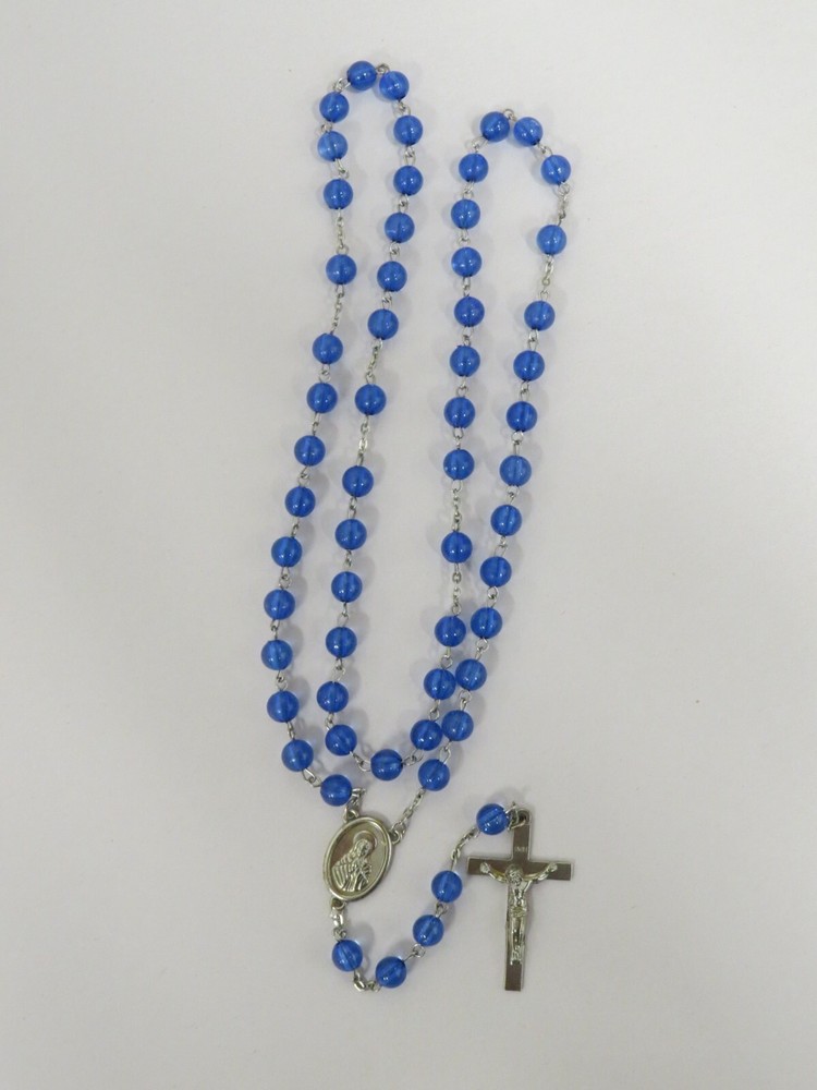 VTG Catholic Virgin Mary Blue Glass Bead 5 Decade Rosary